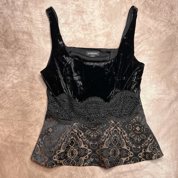 Vintage Y2K Bebe Velour Lace Peplum Tank Top Empire Waist Black Floral Party - Picture 1 of 12